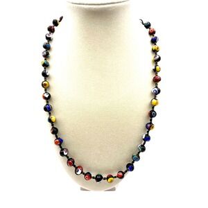 Murano Millefiori Glass Bead Necklace Black Multicolor Italy‎ 22"